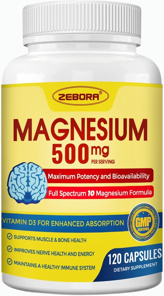 Magnesium Complex תוסף, 500 מ"ג של מגנזיום Glycinate עם Citrate & Malate, Chelated Form for High Absorption with Zinc & ויטמין D3 עבור Nerve, שריר ותמיכה העצם, 115 קפסולות