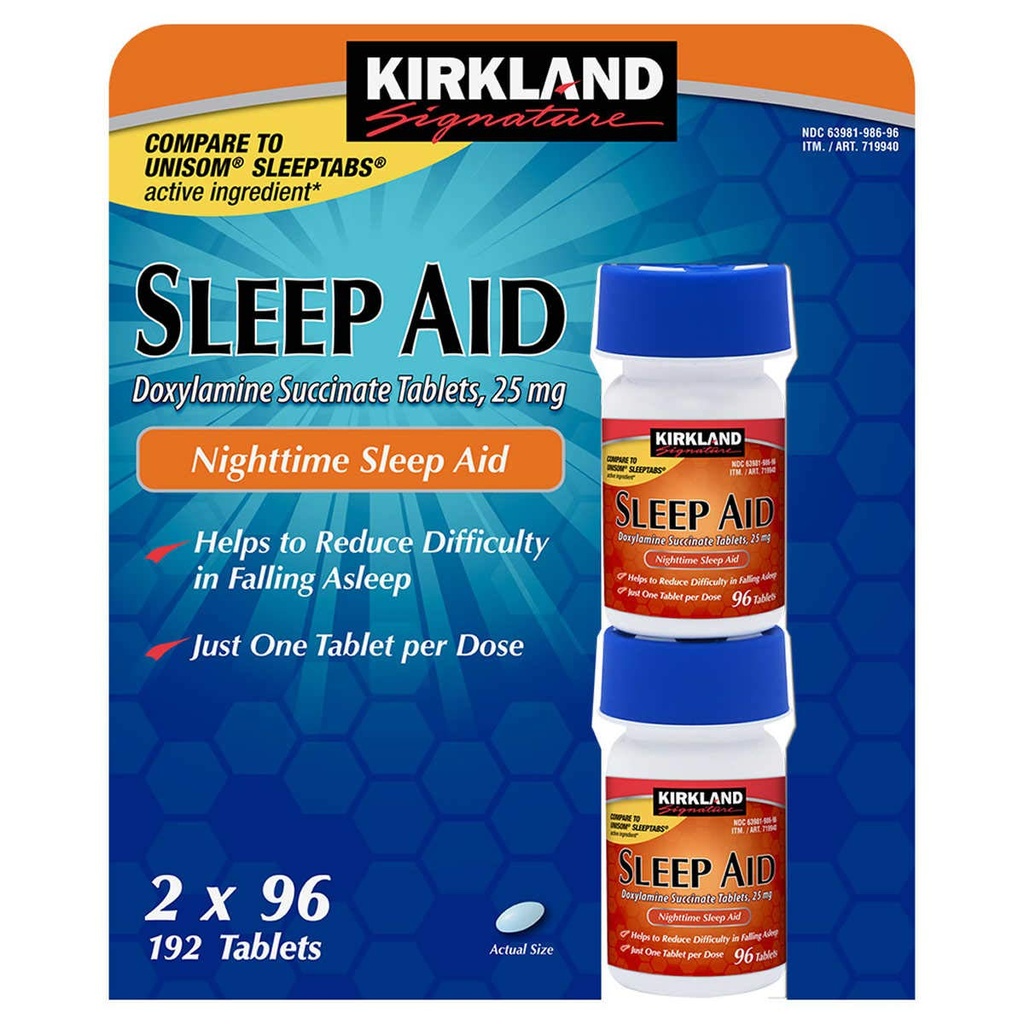 Cos7 Kirkland Signature Doxylamine Succinate Tablets ,25mg Nighttime Sleep AID - 2 X 96 טבליות (192 Tablet Total)