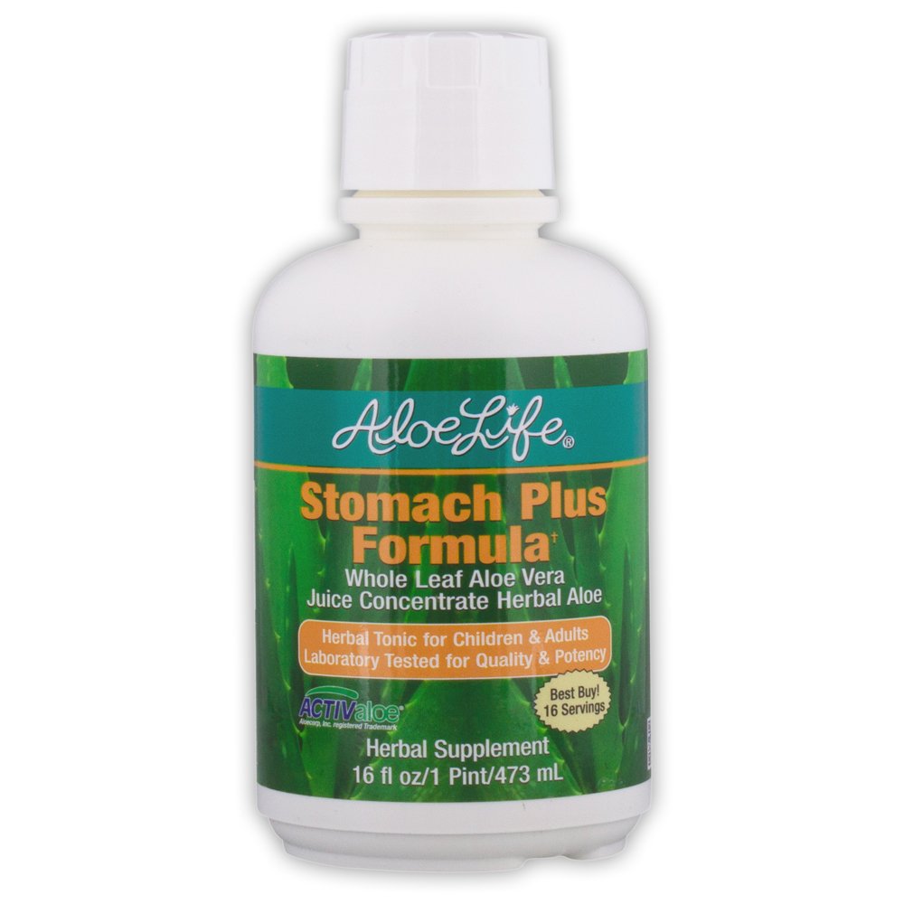 Aloe Life - Stomach Plus Formula, Fast-Acting Tonic for Children, Adults, Adults, & Adults, Supports Healthy Digest & Helps to Soothe Gas, Bloating, & Nausea, Aloe Vera Concentrate, Gluten-Free (16oz)
