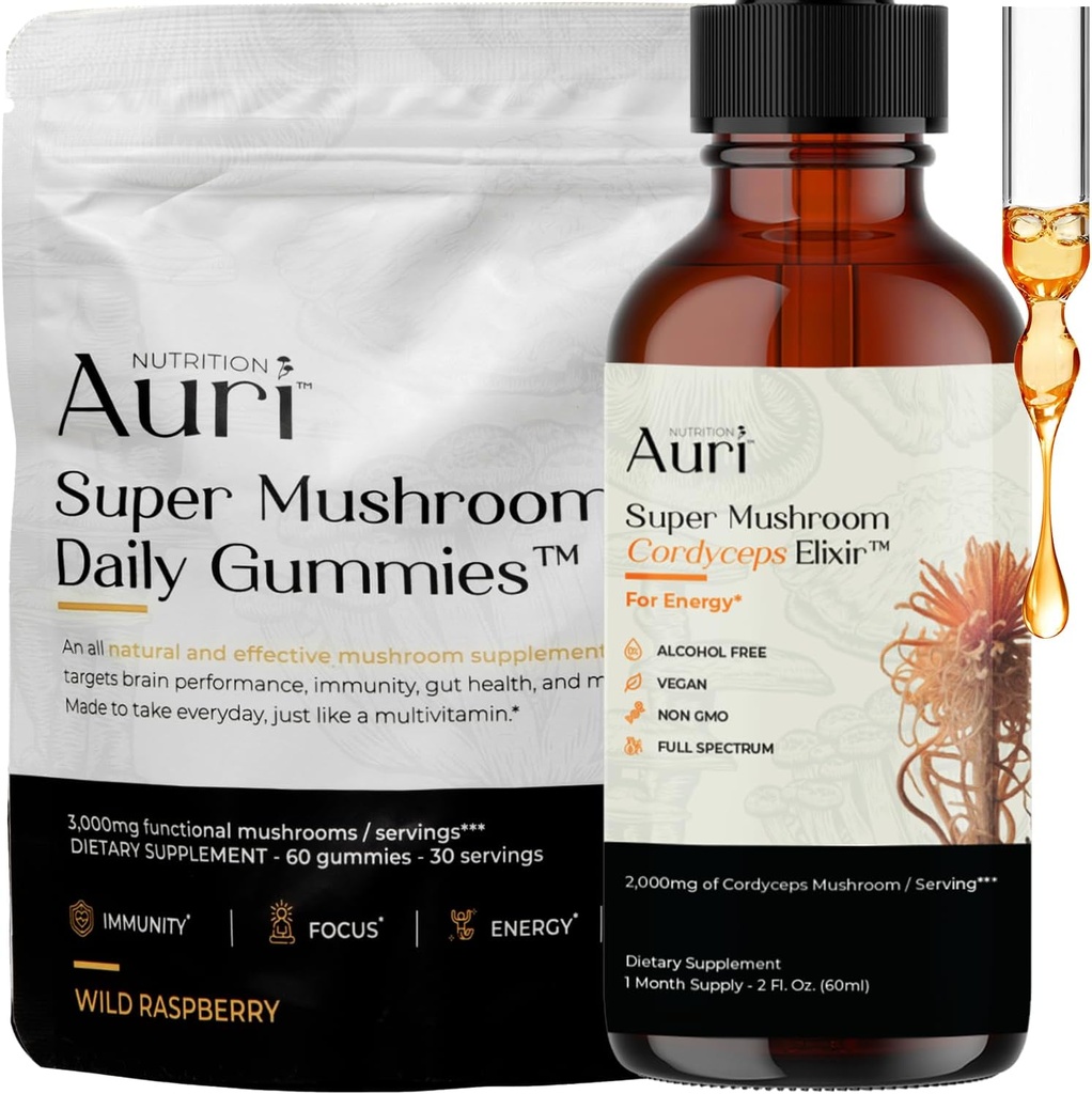 Auri Energy & Immune Boost Pack Super Mushroom Daily Gummies Cordyceps Elixir Bundle - Daily Wellness for Focus, Stamina, and Longevity - 60 מסטיקים + 60 מ"ל Tincture