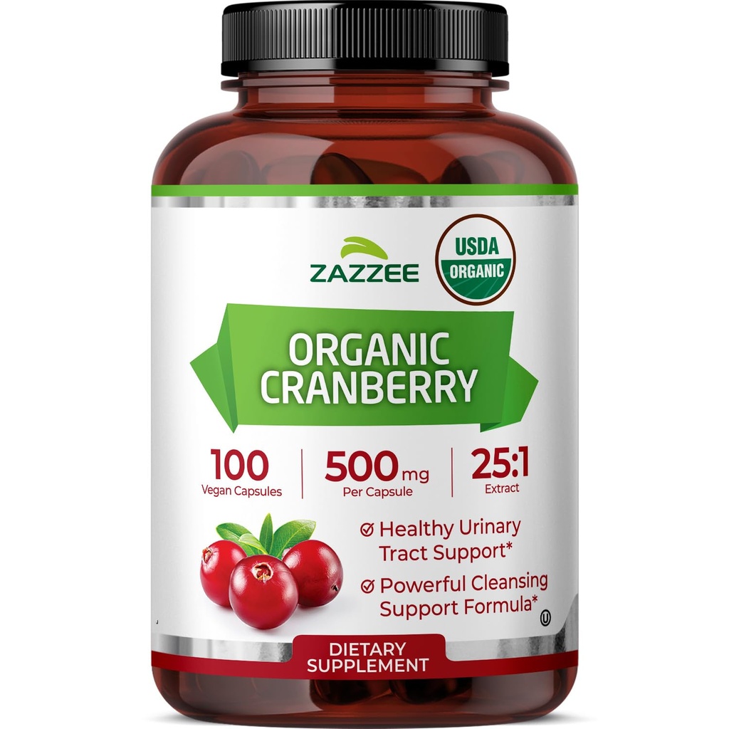 Zazzee USDA אורגני Cranberry 25:1 לחלץ, 500 מ"ג לקפסולה, 100 קפסולות טבעוניות, מעל 3 חודשים אספקה, סטנדרטית, ריכוז 25X לחלץ, 100% Vegetarian, מוסמך אורגני, non-GMO All-Naturalalal.