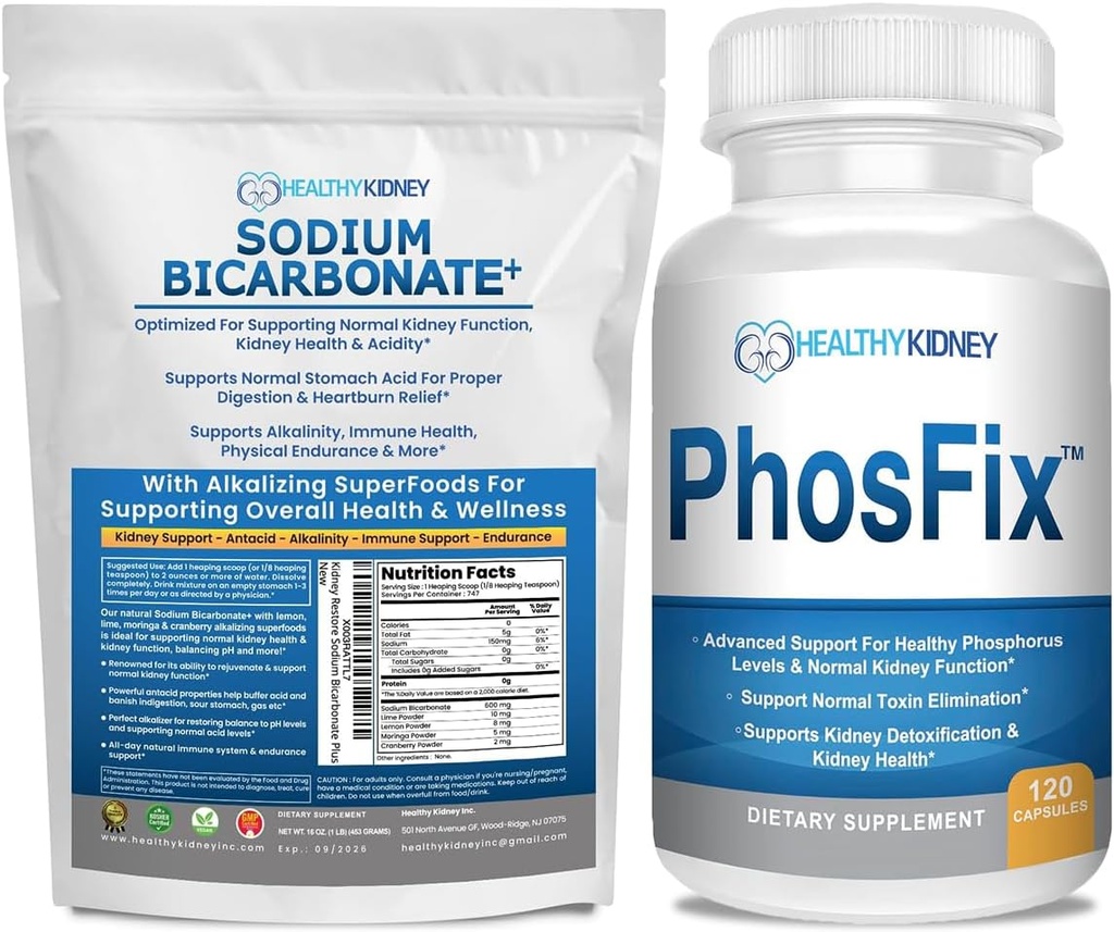 אורגני Sodium Bicarbonate Alkaline תוסף Bundle 2LB אבקת Alkalinity, Kidney & Acid תמיכה + PhosFix 120 Pills Phosphorus Binder for Healthy Phosphorus Levels & Kidney Health Renal תמיכה