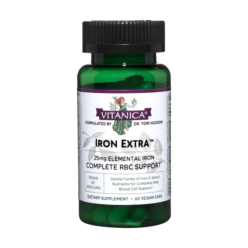 Vitanica Iron אקסטרה, תוספת ברזל משופרת Absorption עם ויטמין C 500 מ"ג, Methylfolate 400mcg, B12 ויטמין 500mcg, Calcium, דוק צהוב, Dandelion Root & Nettle Leaf Extract, טבעוני, 60 קפסולות.