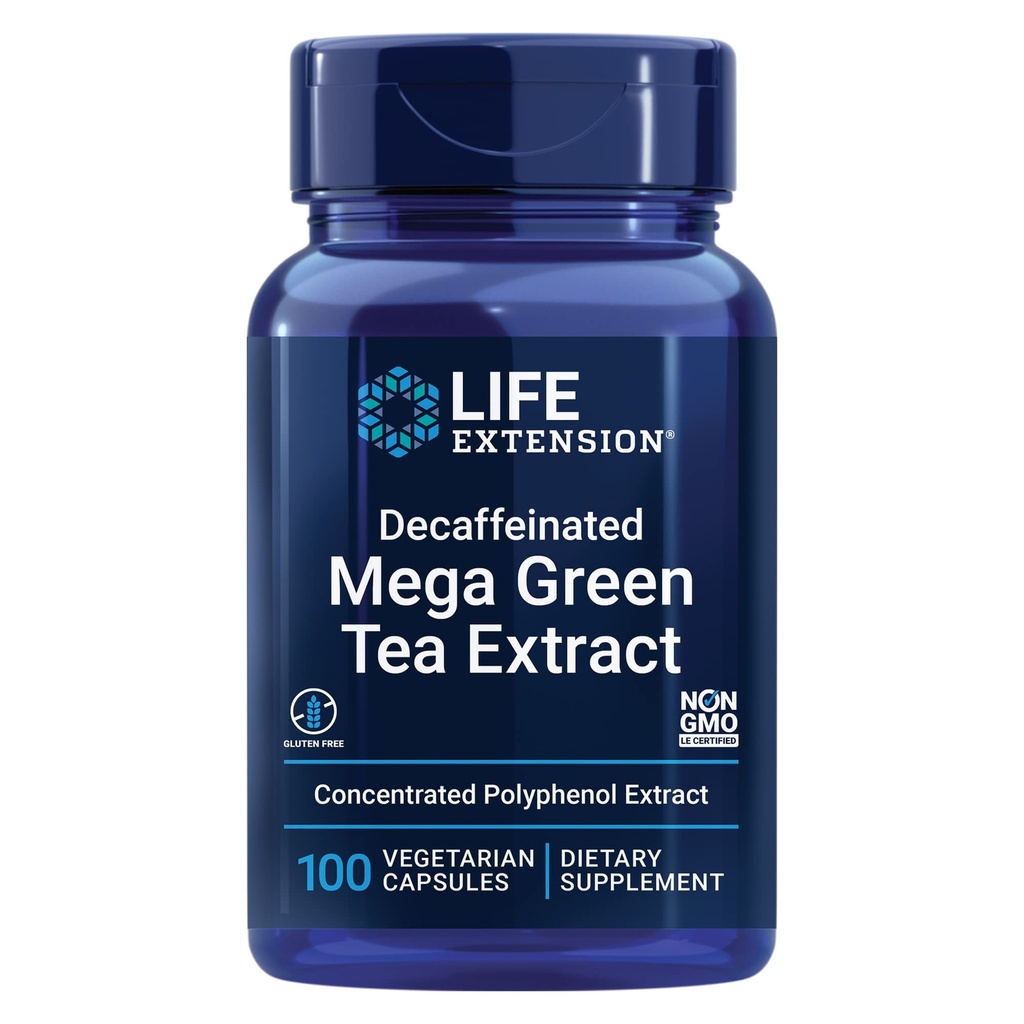 Life Extension Decaffeinated Mega Green Tea Extract - Polyphenol-Rich, Cell Health, Heart Health, Brain Health, Antioxidant Protection - Non-GMO, Gluten-Free, Vegetarian - 100 קפסולות