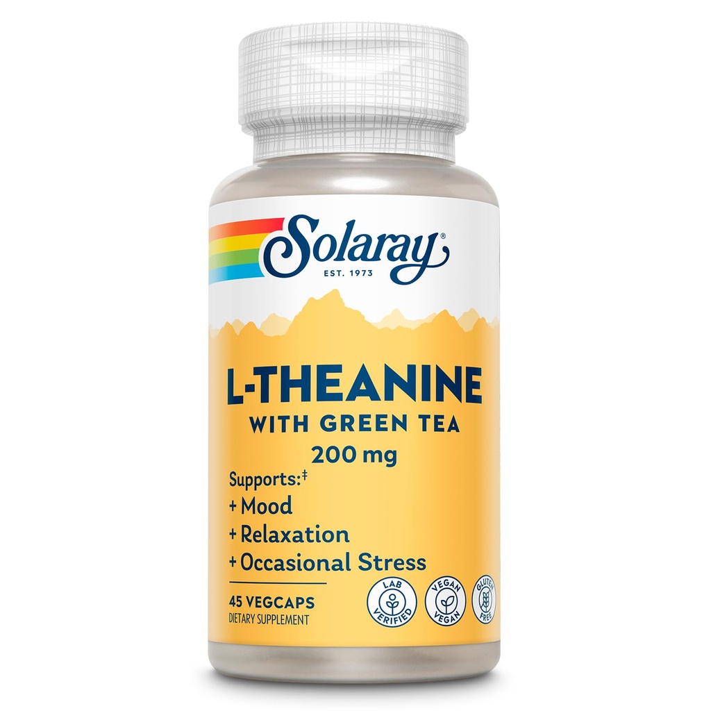 SOLAרי L-theanine 200 מ"ג עם תה ירוק - בריא Mood, מרגיעה ותמיכה מתח Occasional - מעבדה מאומת, טבעוני, גלטן חינם - 45 לשרתים, 45 VegCaps