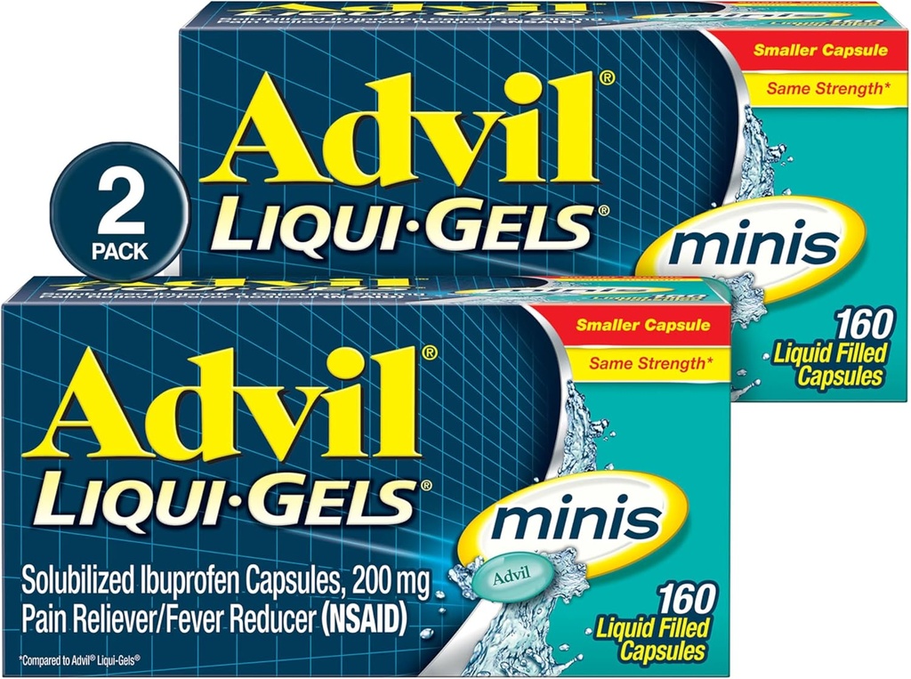 Advil Liqui-Gels minis Pain Reliever and Fever Reducer, Pain Medicine for Adults with Ibuprofen 200mg for Pain Relief - 2x160 Liquid Filled Capsules