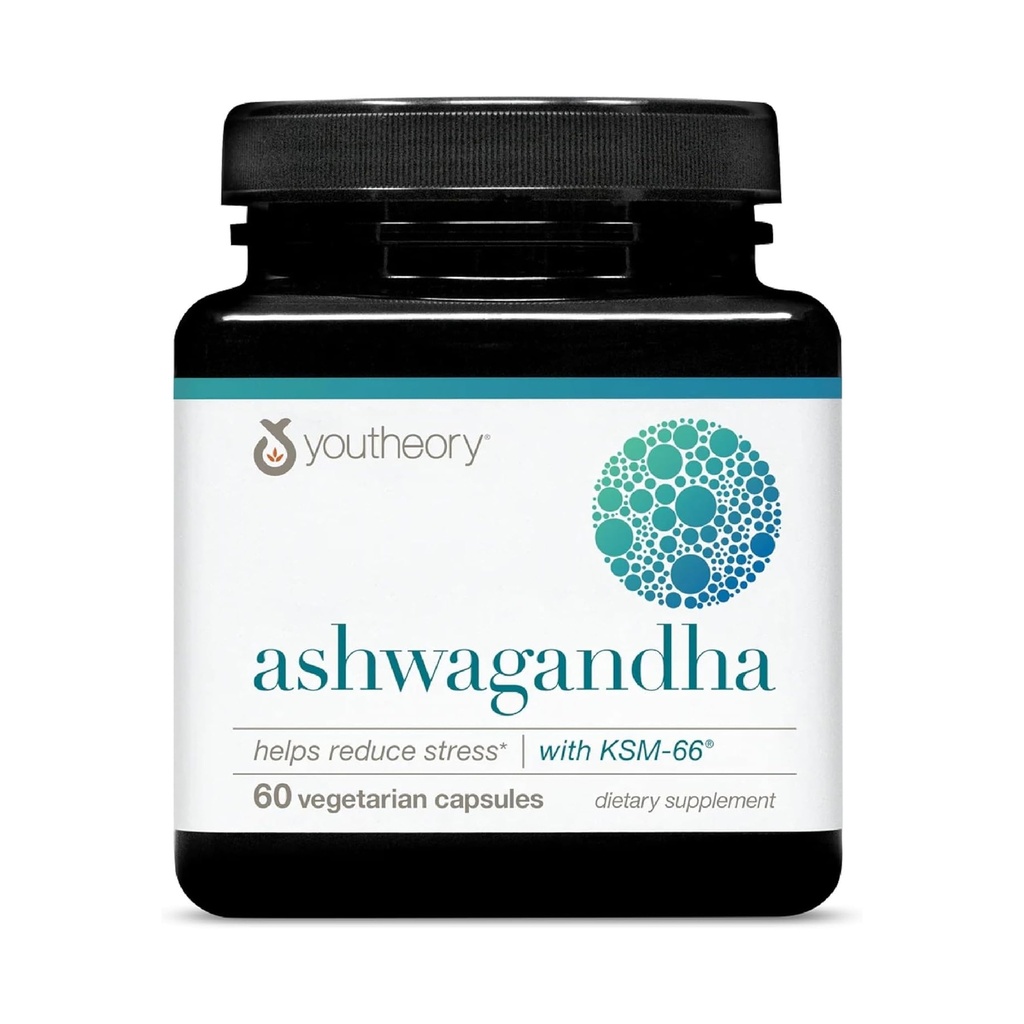 Youtheory Ashwagandha - 1,000 מ"ג - אנרגיה, שינה, מתח וקורטיזול תמיכה תוסף - התאמת הריאל עם KSM-66 אשוגנדה וג'ינג'ר - 60 קפסולות צמחוניות (30 ימים אספקה)