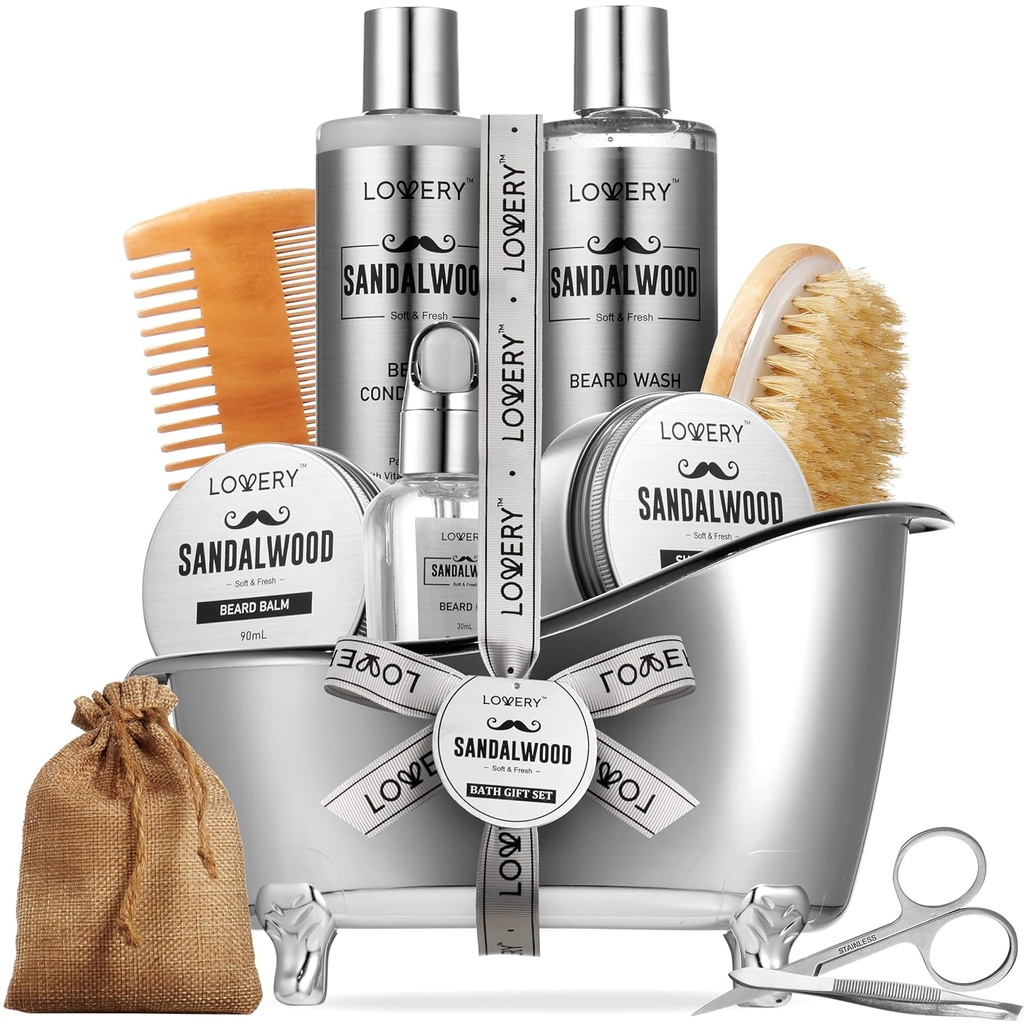 Mens Gifts, Sandalwood Beard Grooming Kit, Mens Grooming Kit for Dave, Him, 11pc Beard Straightener for Men Beard Care, Beard Growth and Trimming Gift, Beard Wash Oil & More