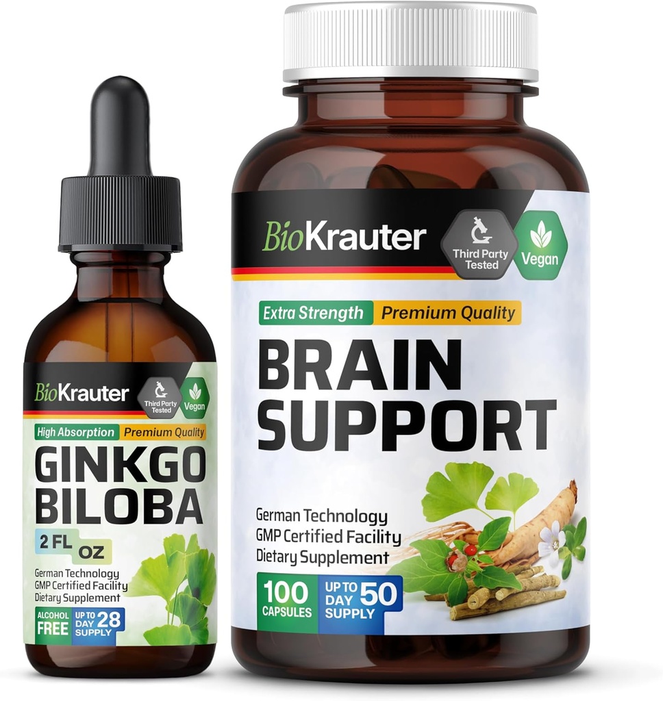 BIO KRAUTER גינקו Biloba Tincture 2 Fl. Oz. & Brain Support 100 קפסולות