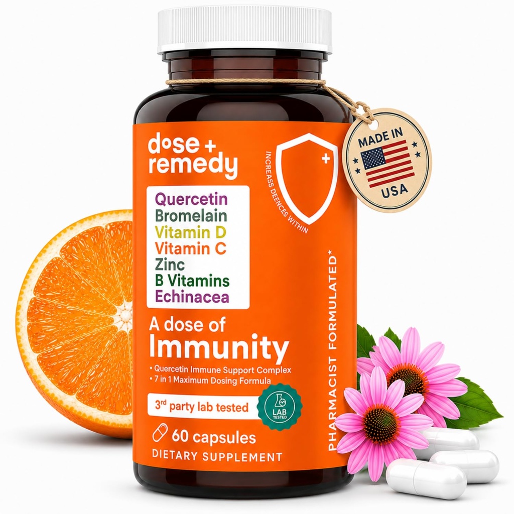 A Dose of Immunity Quercetin עם ויטמין C ו- Zinc, ויטמין D, 500 מ"ג Quercetin Bromelain עם ויטמין Echinacea & B, Lung Immune Support Supplement 7 ב 1 Immunity Defense Booster (60 Count)