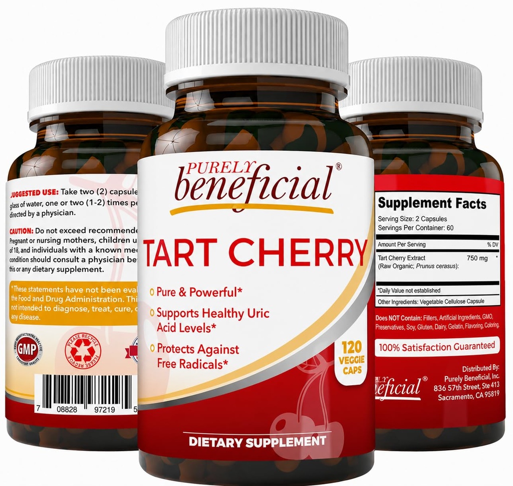 יעיל מאוד Tart Cherry קפסולות 6000 מ"ג, תוספת כוח Montmorency Tart Cherry Extract, Uric Acid Flush for Joint Comfort, Antioxidant & Immune Support, non-GMO, Gluten Free, 120 הרוזן