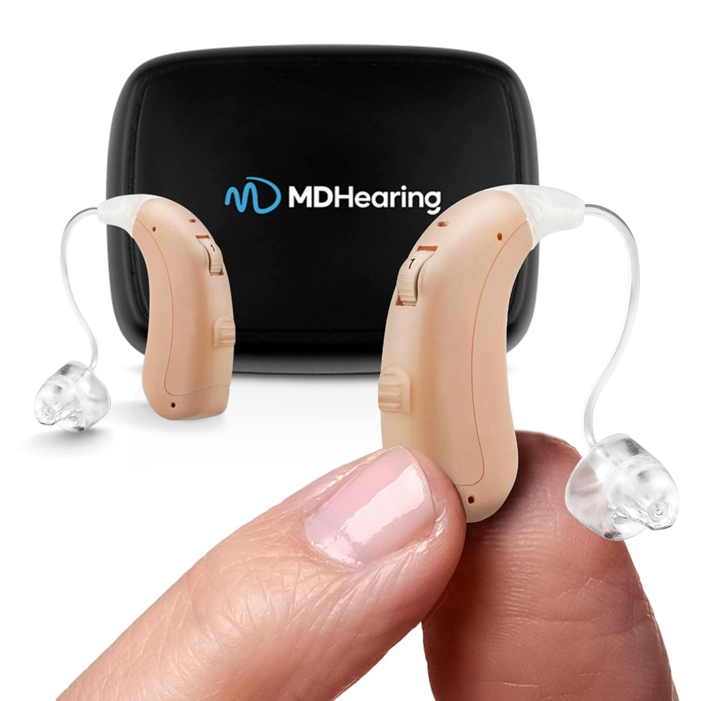 MDHearing VOLT OTC שמיעה איידס עבור מבוגרים, דוקטור-עיצוב מחדש טעינה, 2 כיוון מיקרופונים, 4 הגדרות אודיו, Fits עם משקפיים, Deluxe Charger Included...