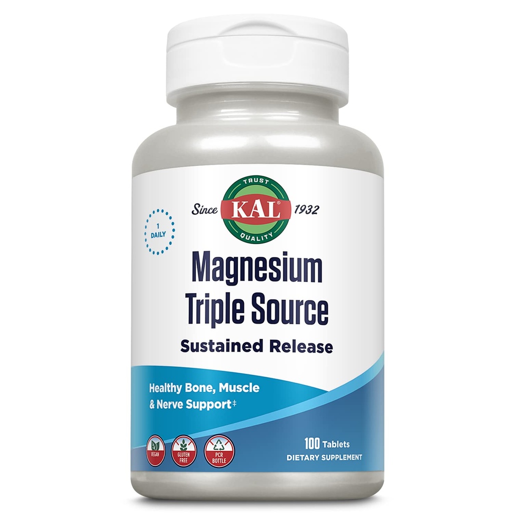 KAL Triple Source Magnesium Complex, Citrate, Malate, Oxide, Sustained Release, Bone, שריר, תמיכה עצבית, זוהר חינם, 60 יום ערבות, 100 משרתות, 100 טאבס