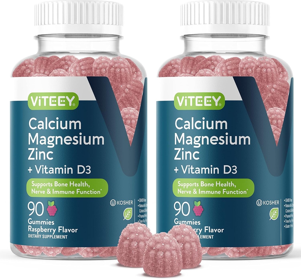 Viteey Calcium Magnesium Zinc Gummies עם ויטמין D3 - תומך בריאות העצם, Nerve & Immune פונקציונלי - Calcium Magnesium Zinc D3 למבוגרים ומתבגרים - GMO חינם - Chewable Raspberry Flavored Gummy