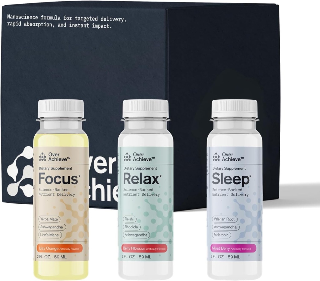 תוסף Variety Pack עם טכנולוגיית ננו-מדעית מתקדמת, 12 Pack, Stress Calming Drink, Sleep Aid Drink, Nootropic Brain Supplement Focus Drink, 2 oz Shot