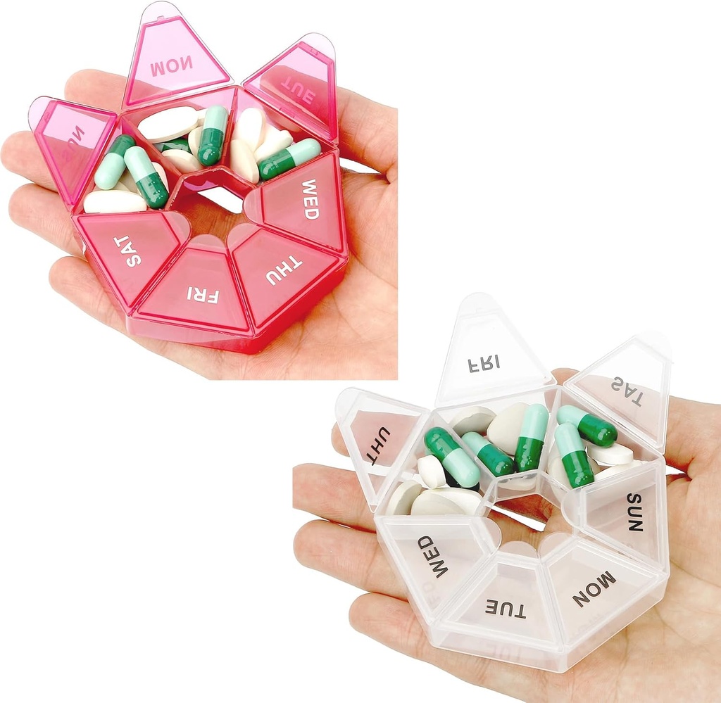 גלולת גלולות, 2 Pack Pill Box, Small Pill Case, Medicine Pill מארגנת 1 פעם ביום, מארגנת גלולות שבועיות, Pill Container, Pill Holder, Daily Pill Racinger Travel Pill Productionser 7 Day(Red & White)