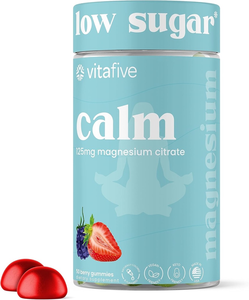 Vita Five Low Sugar Calm Magnesium Gummies, 125 מ"ג של Magnesium Citrate, Natural המעורב ברי פלאמור, טבעוני, Gluten Free (50 Ct)