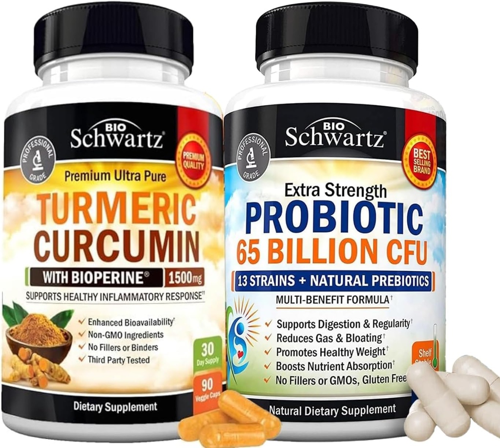 65 מיליארד CFU Daily Probiotic תוסף (1 חודש אספקה) Plus Turmeric Curcumin עם Black Pepper לחלץ 1500 מ"ג תרכובת (גודל רכבי)