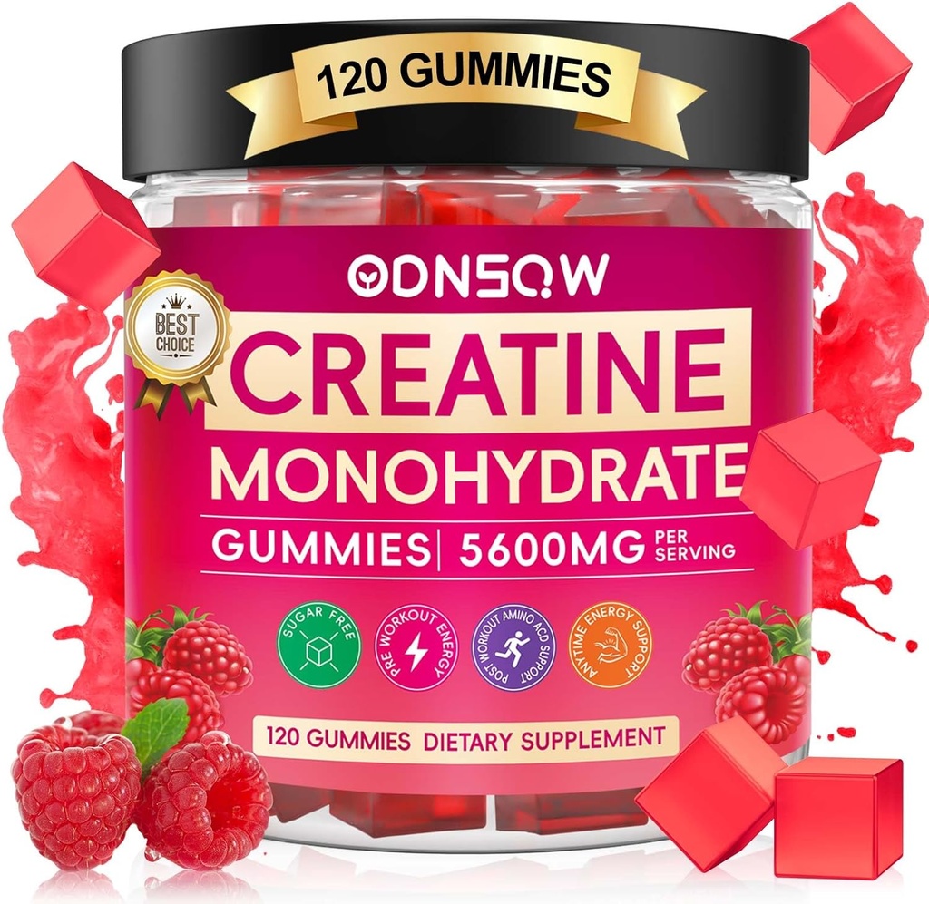 Creatine Monohydrate חניכיים עבור גברים ונשים 120 CT - 5600 מ"ג של Creatine Monohydrate לכל המשרת - טבעוני, סוכר חינם צ'אטינה Monohydrate עבור כוח שרירים, אנרגיה Boost (Raspberry Flavor)