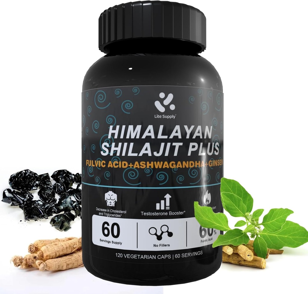 שילאג'יט ההימלאיה 60% Fulvic Acid, 120 קפסולות טבעוניות אספקה עם שילאג'יט טבעי טהור, Ashwagandha, Geneseng Extract - High in Trace מינרלים for Men Energy Support