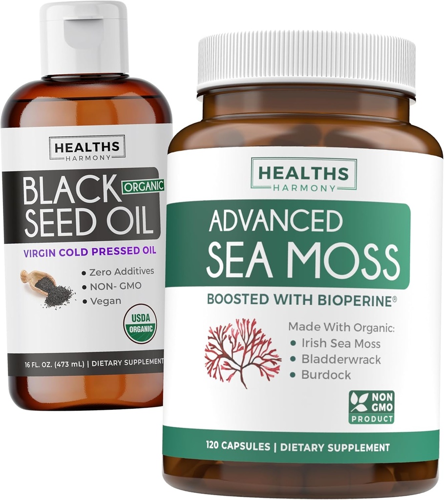 Black Seed Oil Liquid & Sea Moss (2-Month Supply Supply Supply) Sea & Seed Fusion Bundle - Black Seed Oil נוזלי (16fl.oz) Premium Cold-Pressed Clack Cumin Seed Oil & Organic Sea Mos with BioPerine - טבעוני