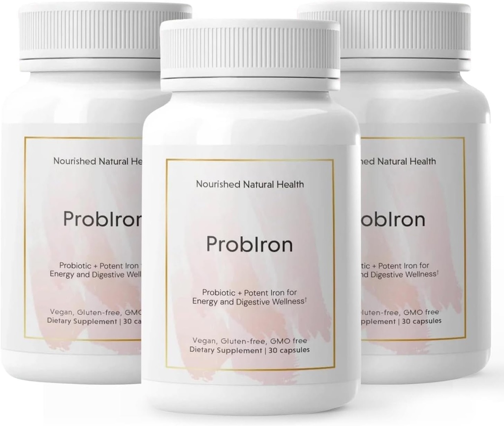 Nourished Natural Health ProbIron - תוסף הפרוביוטיקה + ברזל של נשים מוגדל עם ויטמין C וקופר - פורמולה טבעונית לאנרגיה ולבריאות העיכול - 90 קפסולות