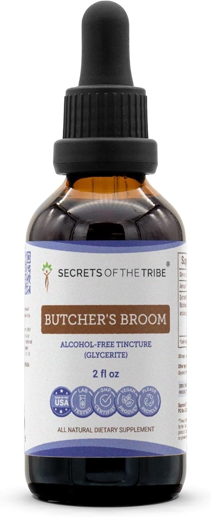 סודות של הפלט הנוזלי ללא אלכוהול של השבט, ה Broom של Butcher (Ruscus aculeatus) Dried Root Tincture תוסף (2 FL OZ)