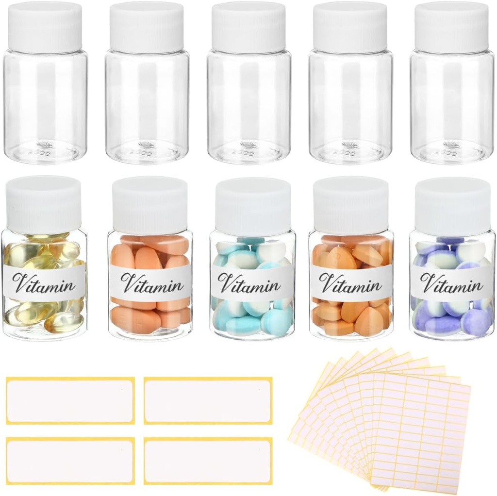 10Pcs Pill Bottles with Blank Labels - 30 מ"ל תרופות מכילות עם Screw Caps- פלסטיק פלסטיק קטנטן המכיל Leak-Proof Clear Sample Jar for Dispense for נוזל שם מדבקות