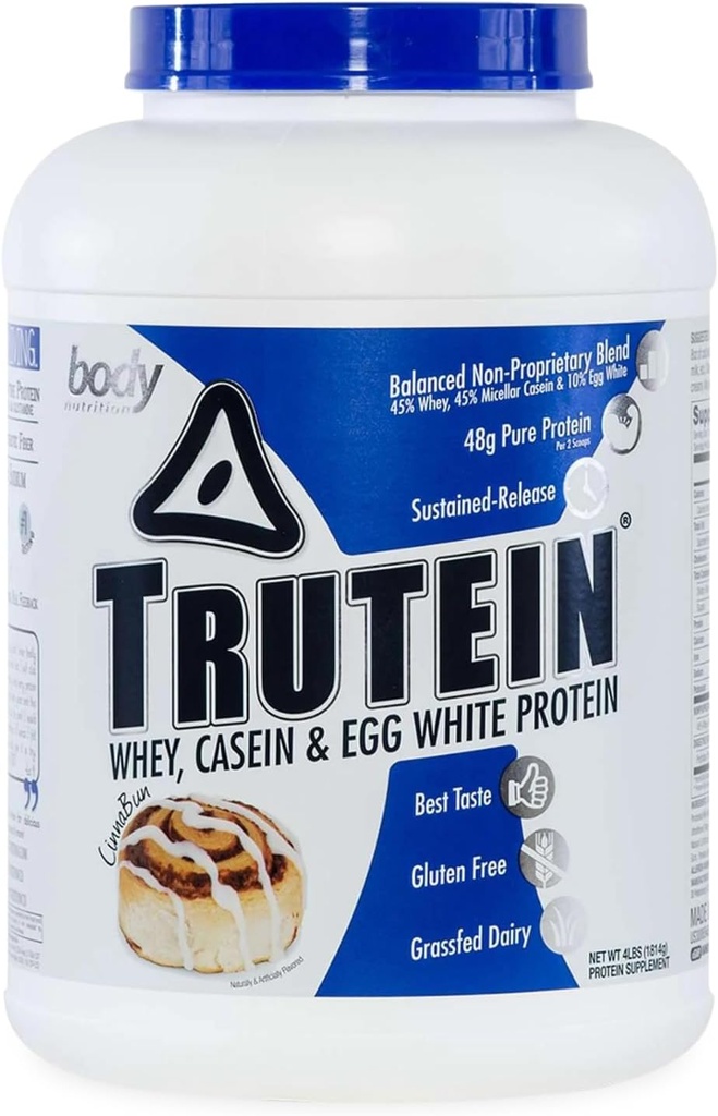 אבקת חלבון גבוהה גוף Trutein גבוה חלבון: 45% Whey, 45% מקרהין, 10% ביצה לבן, Gluten-Free, Low Sodium, Grass פד Whey חלבון אבקת, תוספת התעמלות & ארוחת בוקר שקד, Cinnabun, 4lb
