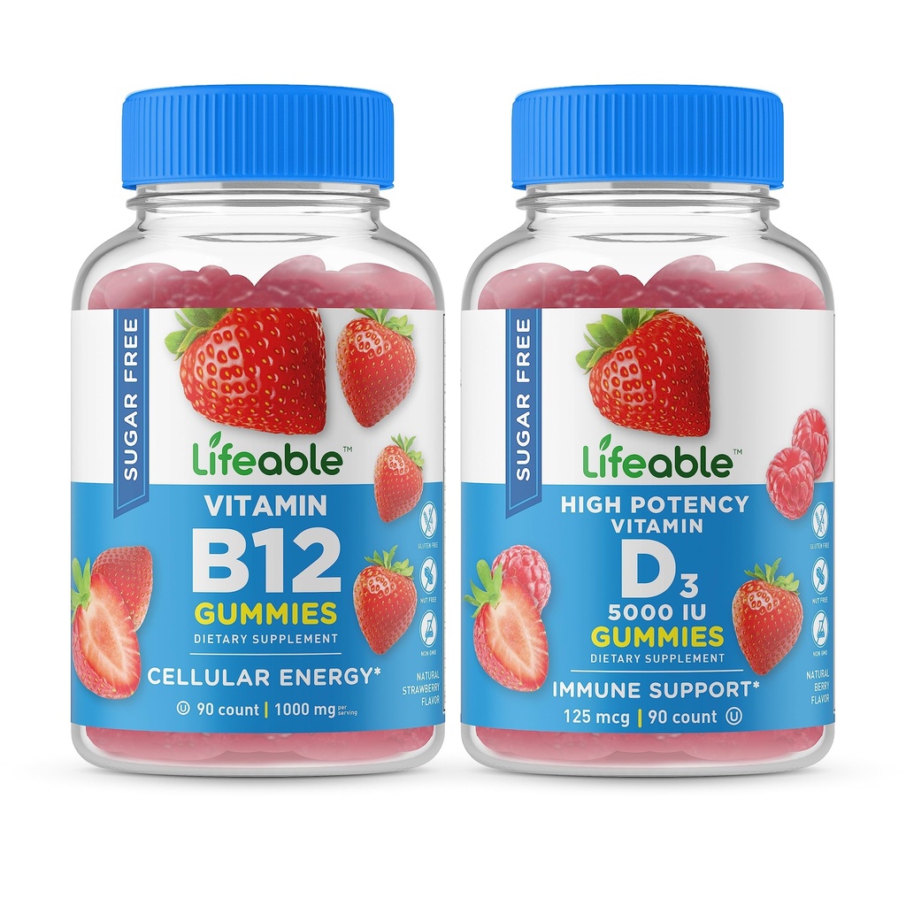 ויטמין B12 חינם ויטמין B12 + ויטמין D 5000 IU, Gummies Bundle - גדול Tasting, ויטמין תוסף, Gluten Free, GMO Free, Chewable Gummy