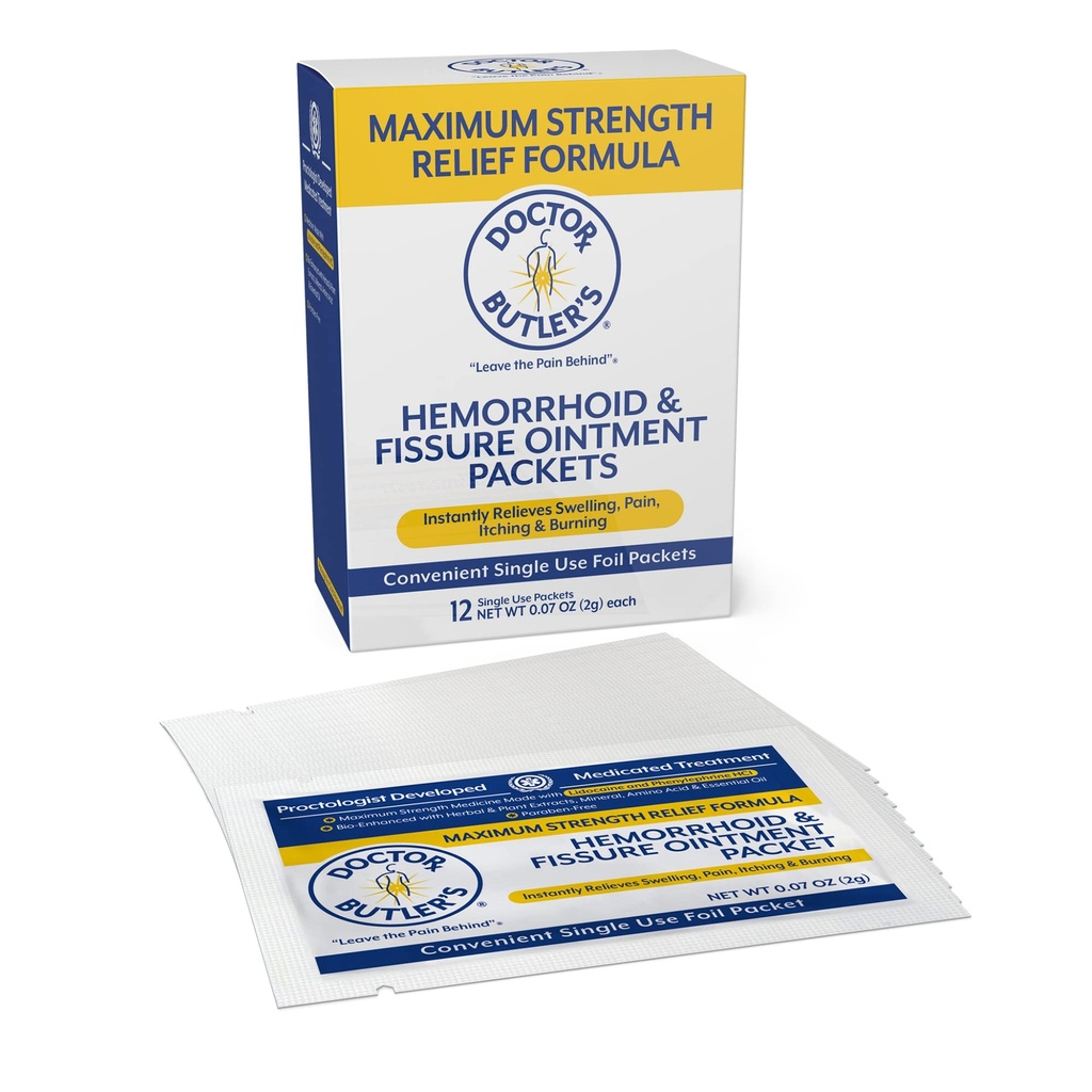 כוחו המקסימלי של ד"ר באטלר עם Lidocaine, Internal & Fissure Ointment 12 to-Go Packets - טיפול מיידי כאב הקלה טחורים עם Lidocaine, פנימי וחיצוני, Burning ו Swelling הקלה