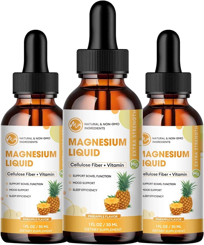 (3 Pack) Magnesium Glycinate נוזל טיפות, גבוה Absorption Magnesium נוזל עם Bromelain, ויטמין B6 C D, מגנזיום תוסף לילדים ומבוגרים, Night & השרירים תמיכה, Pineapple Flavor