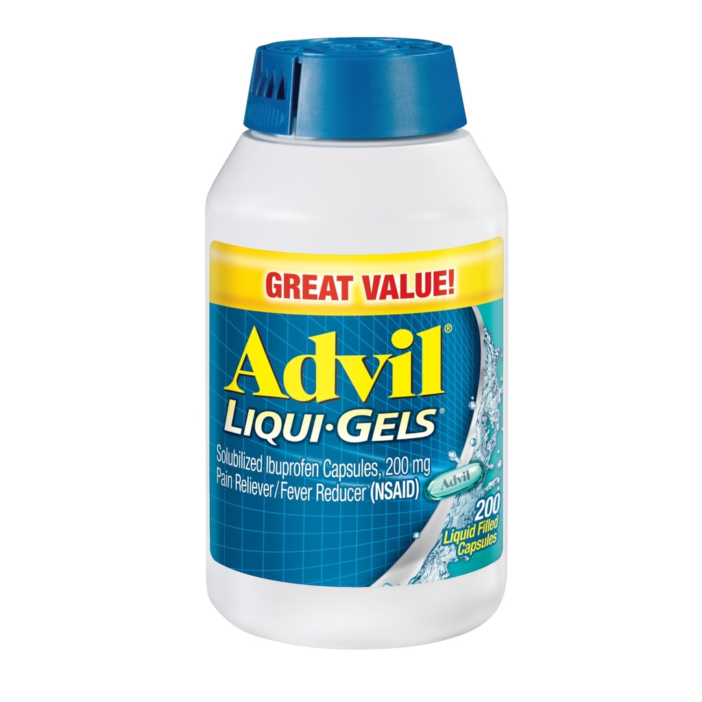 עו"ד Liqui-Gels Pain Reliever ו-Fever, Pain Medicine for Adults with Ibuprofen 200mg for Headache, Backache, Menstrual Pain and Joint Pain Relief - 200 קפסולות נוזליות מלאות