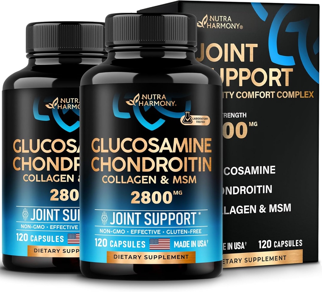 Glucosamine Chondroitin MSM Collagen | תוספת תמיכה משותפת 2800 מ"ג | מיוצר בארה"ב | ויטמינים תזונתיים | עבור גברים ונשים, Pack of 2800 מ"ג