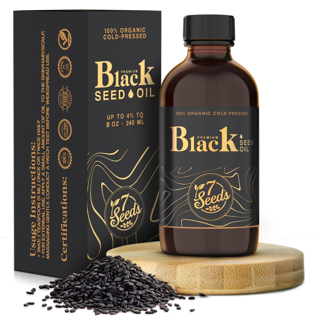 7 Seeds Cold Pressed Black Seed Oil - 240 מ"ל Cold Pressed Nigella Sativa נוזל לתמיכה בחיסון, תמיכה בדלקת, עיכול, שיער ועור (8 Fl Oz)