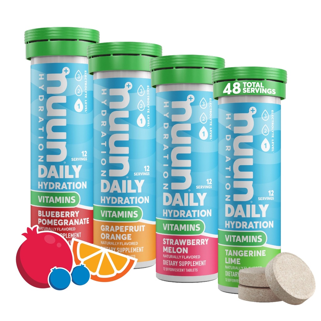 Nuun ויטמינים Electrolyte Tablet עם ויטמין D, C, E, A, & B6, Folic Acid, Magnesium & 4 אלקטרוליטים חיוניים אחרים, Gluten Free & טבעוני, פירות מעורבים, 4 Pack (48 משרתים Total)