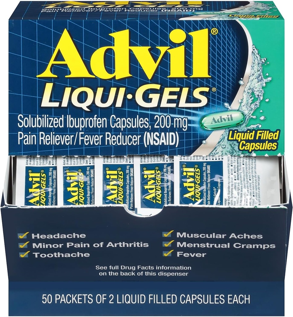 עו"ד Liqui-Gels Pain Reliever/Feverductionr, Solubilized Ibuprofen 200 מ"ג, 2/Packet, 50 Packets/Box (016902)