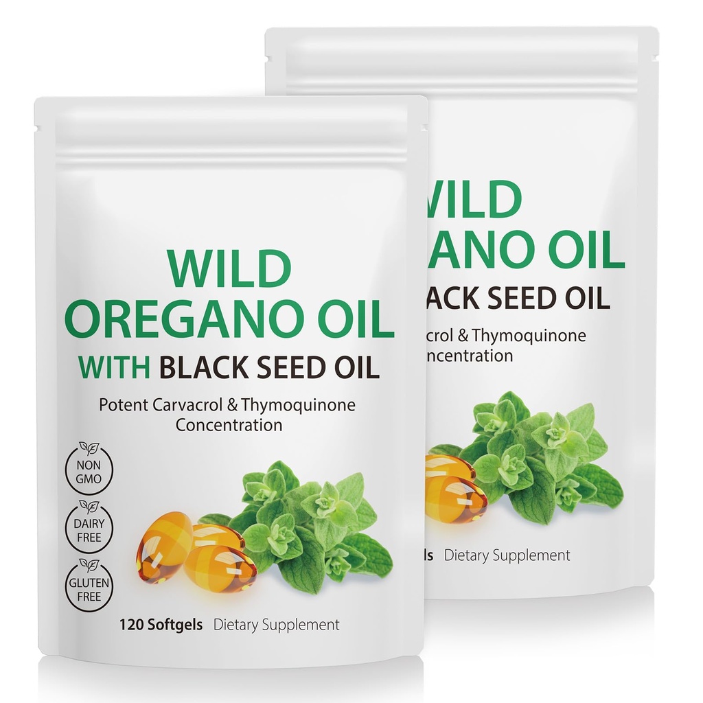 2 Pack Oil of Oregano Softgels, Oregano Oil Capsules, 165mg Carvacrol, 2 in 1 Formulated Oil of Oregano with Black Seed Oil 200mg, Oregano Oil Supplement Capsules