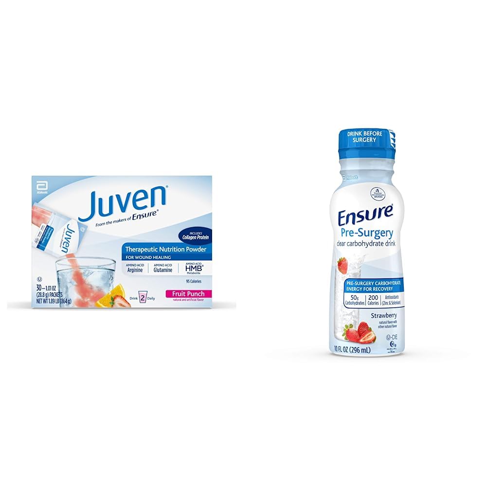 Juven Nutrition drink Mix אבקת Wound Healing תמיכה, כולל חלבון קולג'ן, פירות Punch, 30 Count & Promise Pre-Surgery, Clear Carbohydrate משקאות, סטרוברי, 10 oz, 4 Count