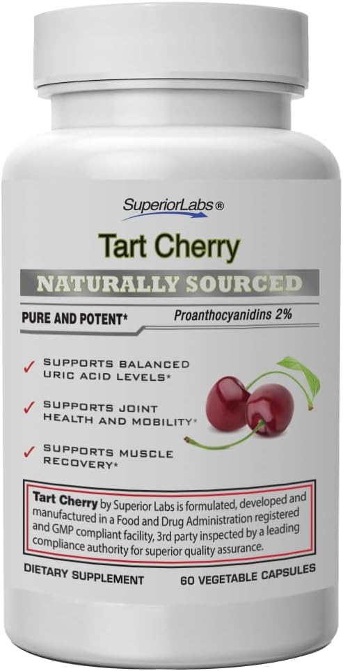 TopLabs Tart Cherry 1000 מ"ג לחלץ, 2% Proanthocyanidins, תמיכה ברמות Uric Acid, Celery Seed & Black Pepper Extracts forמקסימום Absorption, 60 Veg Caps