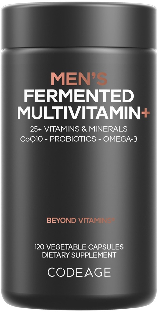 Codeage Men's Daily Multivitamin - 25+ Essentials & מינרלים, אורגני Whole Foods, Probiotics, אומגה 3, Zinc, ויטמין A, B, C, D, E & K - 120 קפסולות