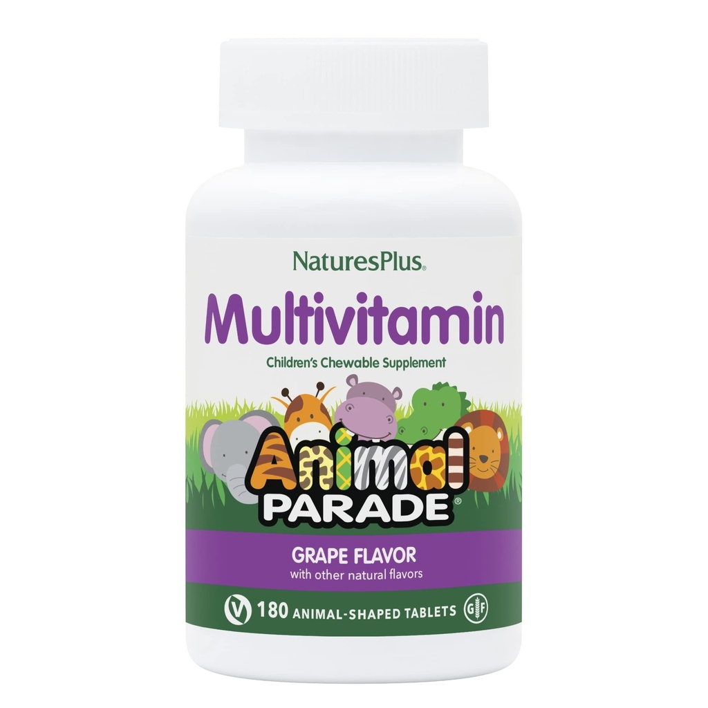 NaturesPlus Animal Parade Children's Chewable Multivitamin - Grape Flavor - 180 טבליות בעלות חיים - מקדם בריאות ורווחה - Vegetarian, Gluten Free - 90 משרתים