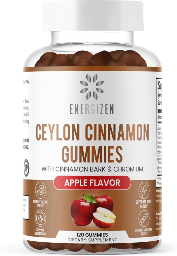 Cinnamon + Chromium Gummies - 120 חניכיים טבעוניות - תמיכה משותפת לבריאות המוח, סוכר חינם, Antioxidant Rich, non-GMO, תוסף ללא גלוטן, טבעי Apple Flavor