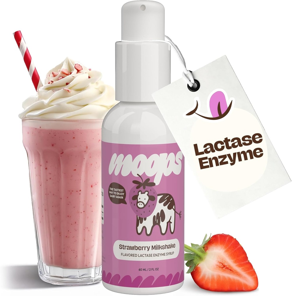 Moops נוזל Lactase Enzyme Syrup 2oz - טעים Strawberry Milkshake Flavor - 10,000 יחידות FCC עבור מזון מהיר הפעלה מהיר - Customizable Dose for Lactose Intolerance - Portable Twist-to-Lockal Pump