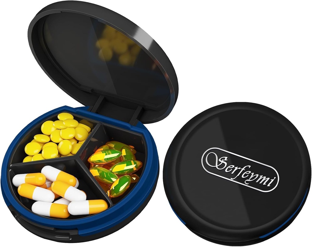 Serfeymi Small Pill Box - 3 השוואתיות Portable Pill Box for Purse Pocket, Compact Mini Travel Pill Case - מתאים לתרופה, ויטמין, שמן דגים, תוספים - Black(Logo)