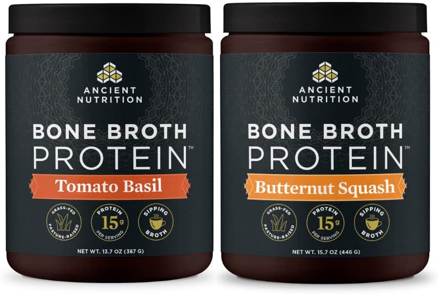 אבקת חלבונים עתיק העצם Broth חלבון אבקת, עגבניות בזיל, 15 משרתים + אבקת חלבון העצם Broth, Butternut Squash, 15 משרתים
