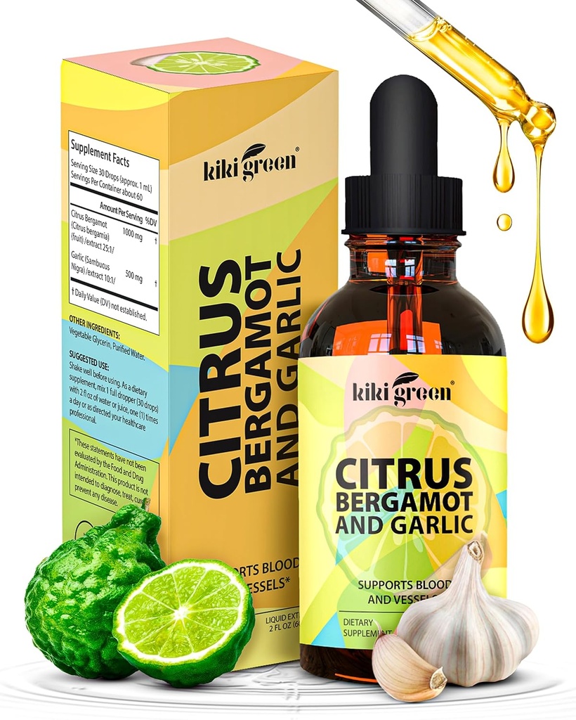 KIKI ירוק נוזלי Citrus Bergamot & Garlic לחלץ - תוספי Citrus Bergamot עבור בריאות הלב, תמיכה במערכת החיסון והזדקנות בריאה non-GMO, תוסף חינם 2 Fl Oz.