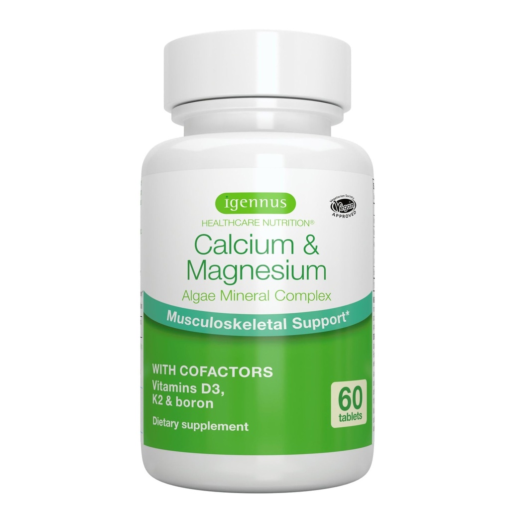 Igennus Algae Calcium & Magnesium תוסף, Plant Based, High Absorption, K2 & D3, Non-GMO Red Algae מינרלים Complex for העצמות & השיניים תמיכה, עבור נשים וגברים, עם Boron, טבעוני, 60 טבליות