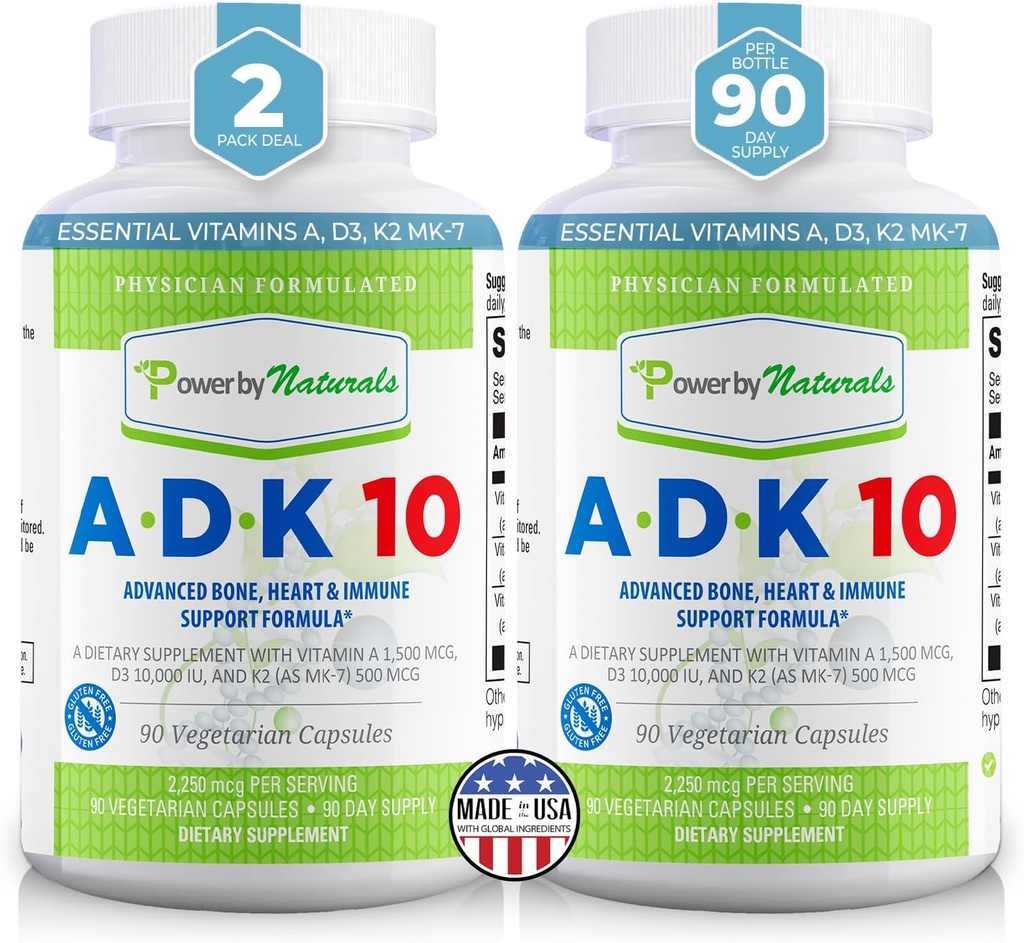 Power By Naturals ADK ויטמין תוסף - ADK 10 High Potency with ויטמין A, D3 10,000 IU & K2 MK7 עבור הלב העליון, Immune & Bone בריאות תמיכה - 90 קפסולות, 2 Pack (6-Month Supply) אספקת)