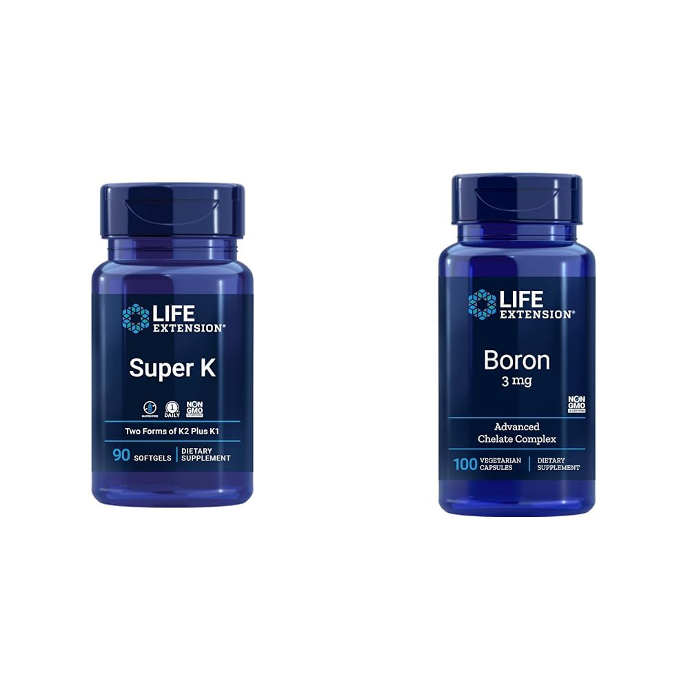 Life Extension Super K1, K2 MK-7, MK-4, ויטמין C, Bone/Heart Health, 3 Monteh Supply ו Boron 3 Mg 100 קפסולות צמחוניות